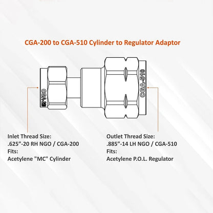 CGA-200 to CGA-510 Adaptor for Acetylene Cylinder Bottle (MC)