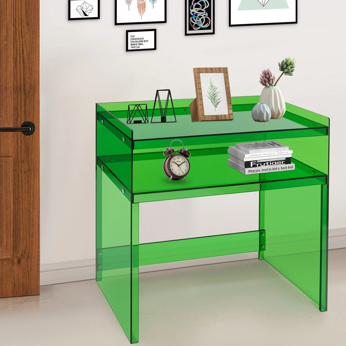 Acrylic Desk Small Entryway Table with Open Shelves (100x30x80cm)