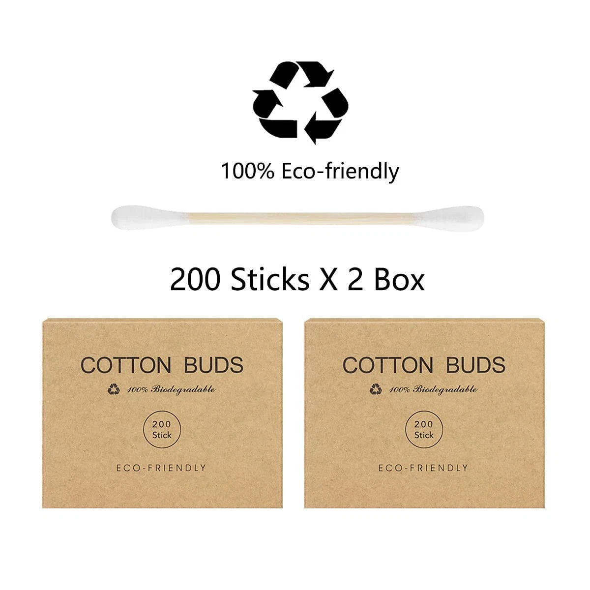 Set of 2 Bamboo Cotton Swabs with Wooden Sticks (400 Count)