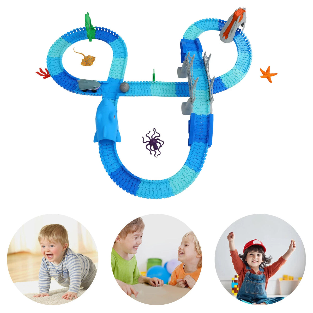 Shark Race Car Track Set for Kids - Ocean Theme (264 Pcs)