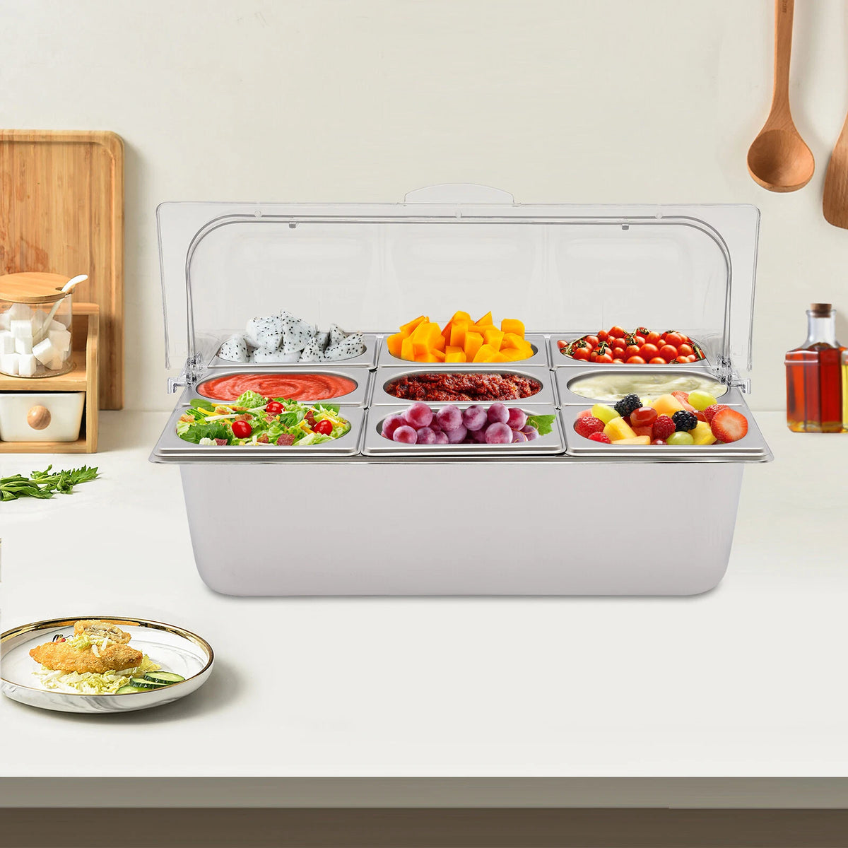 Food Serving Container with Lid + 9 Spoons & Clamps