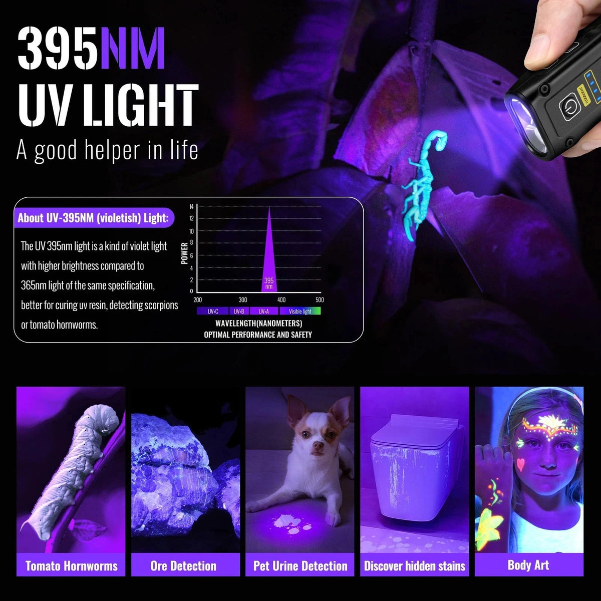 LED UV Flashlight 395nm EDC Rechargeable USB C