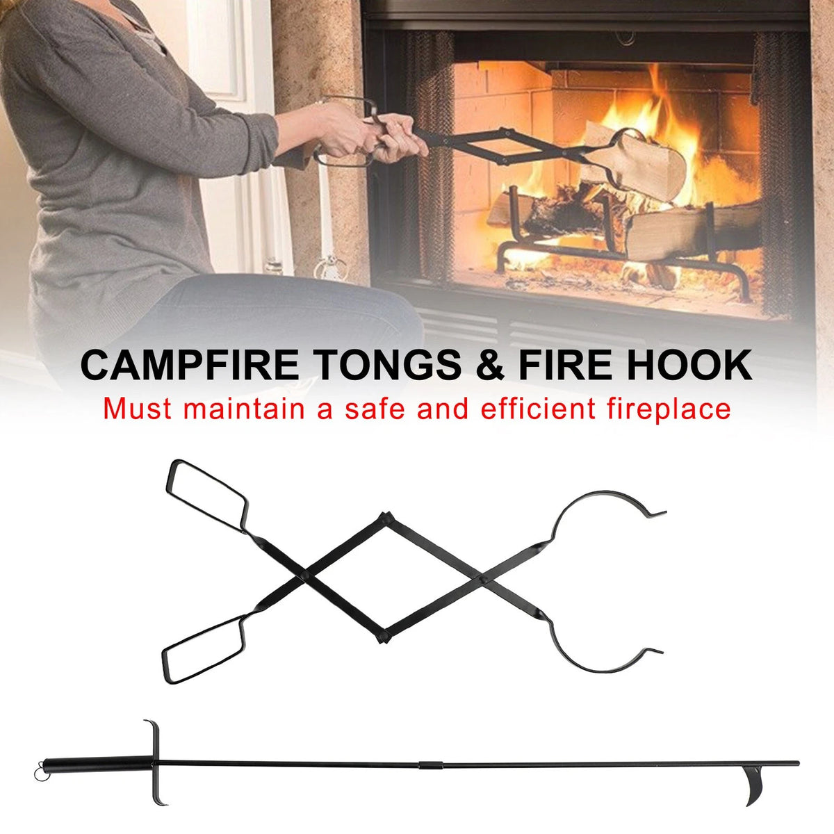 2X Hearth Tool Fireplace Set for Campfire Tongs Fire Hook Black