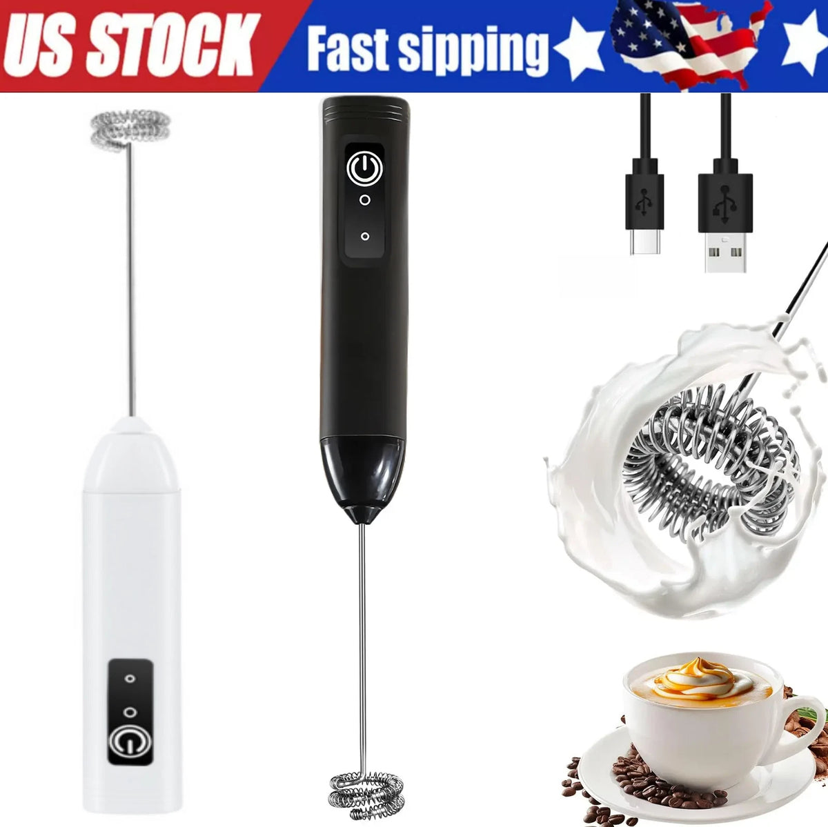 Electric Milk Frother Handheld Coffee Mixer Double Whisk