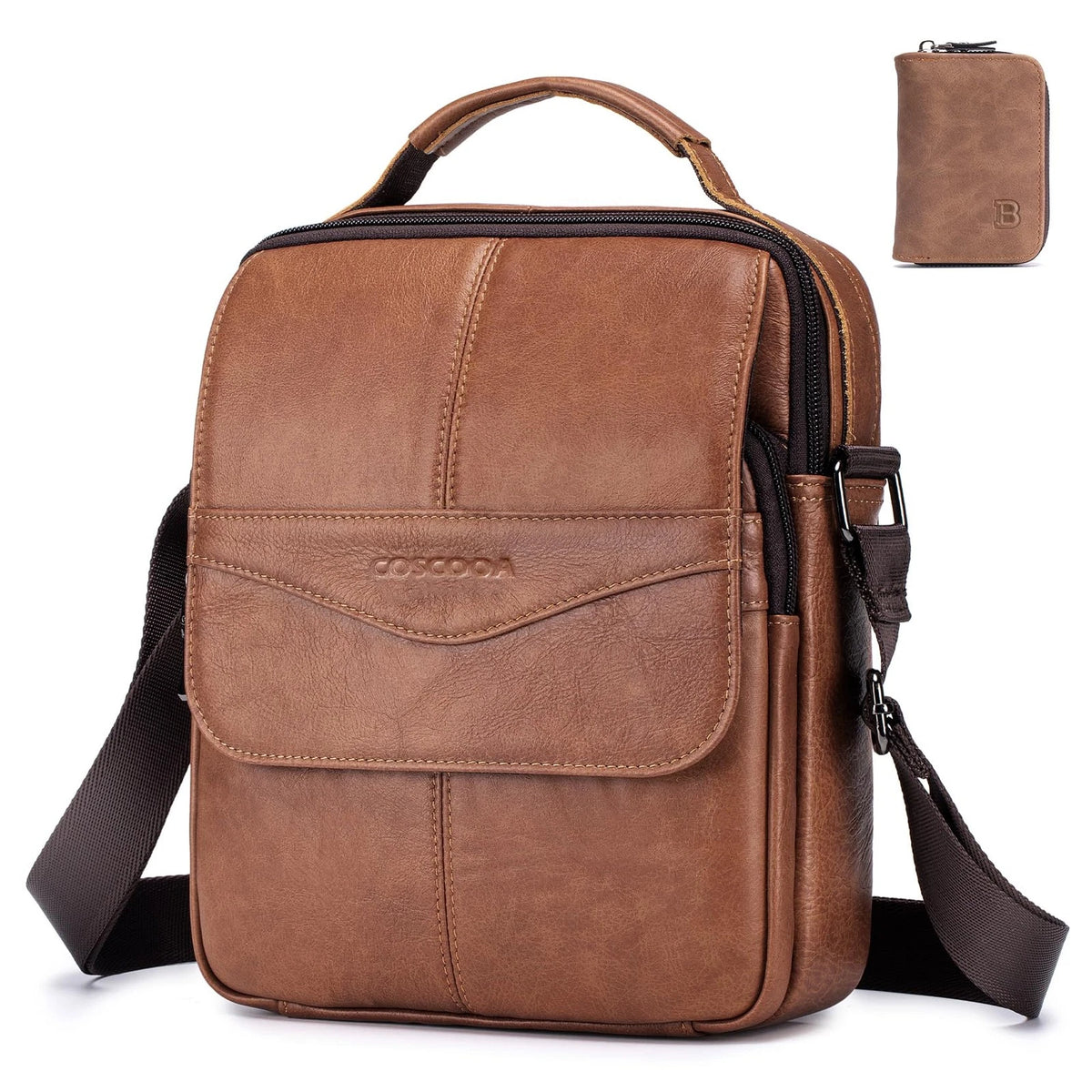 Leather Messenger Shoulder Crossbody Bag for Men - Brown