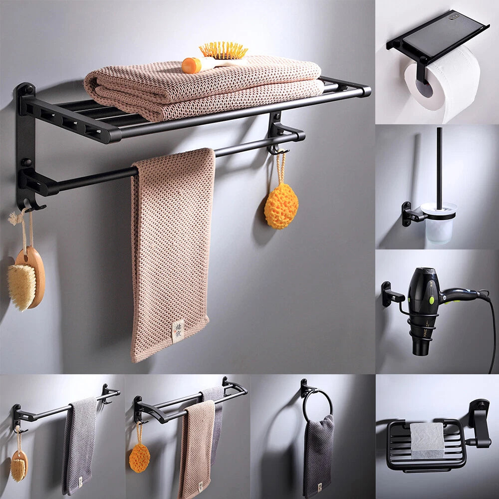 9PCS Bath Accessory Set for Wall Mounted Bathroom Hardware (Black Aluminum)