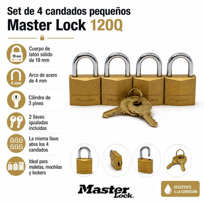 Set of 4 Master Lock 3/4" Solid Brass Padlocks 120Q