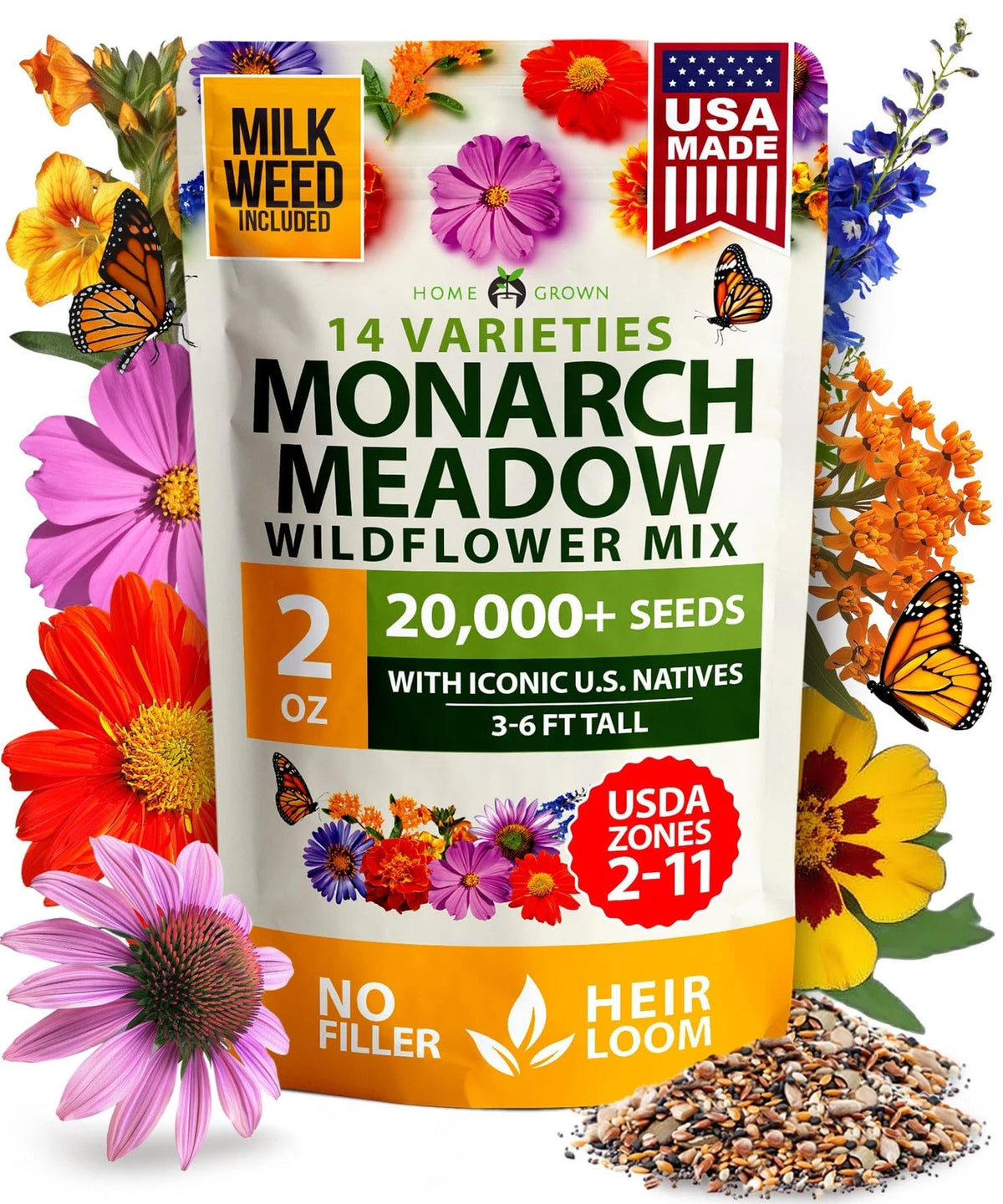 Premium Monarch Butterfly Wildflower Seeds Mix for Gardens (2oz)