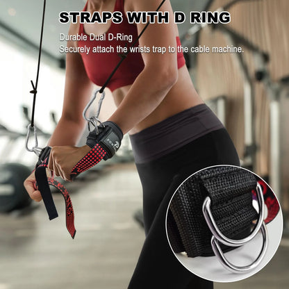 Weight Lifting Straps with D Rings for Gym Cable (Non-Slip, Black & Red)