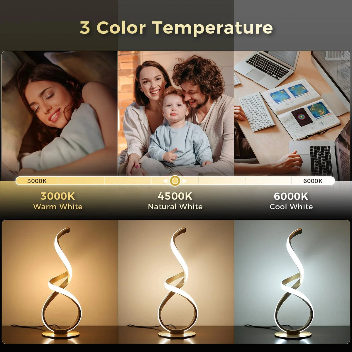 2 Pack LED Spiral Desk Light for Bedside Table - Touch Dimmable, 3 Color Temp