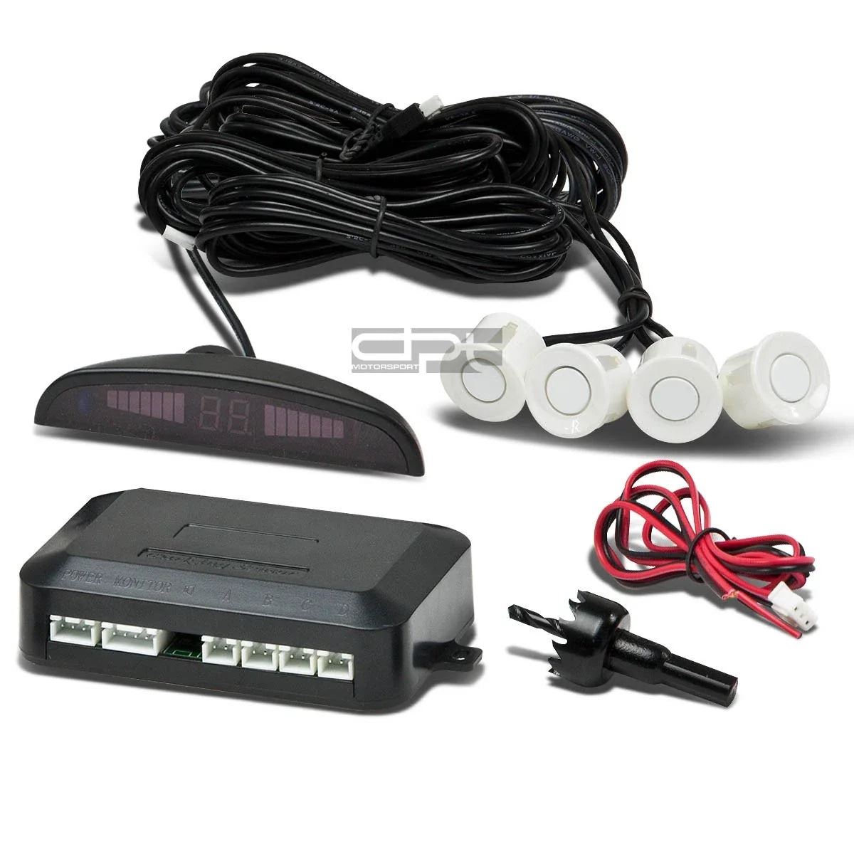 Reverser Backup Parking Sensor/Radar for + 4 White Buzzers + LED Distance Indicator