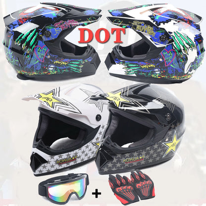 DOT Motorcycle Helmet Set with Goggles and Gloves for Motocross MX ATV