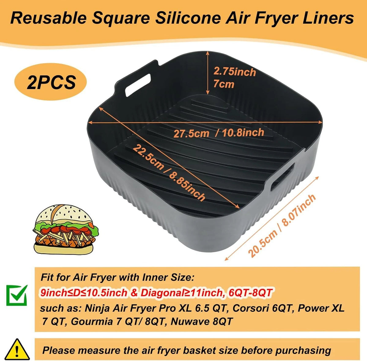 Set of 2 Silicone Air Fryer Liners for 6 to 8QT (9 Inch Square)