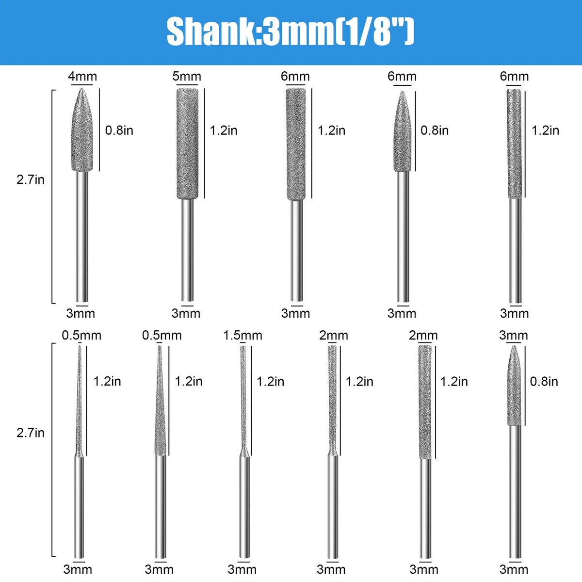 1/8" Shank Diamond Burr Bit Rotary Tool Accessories Kit for Stone Glass Ceramics