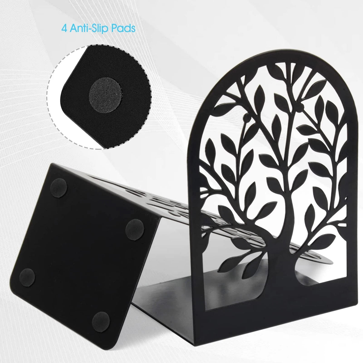 Set of 3 Metal Bookends for Shelves - Decorative Black Finish
