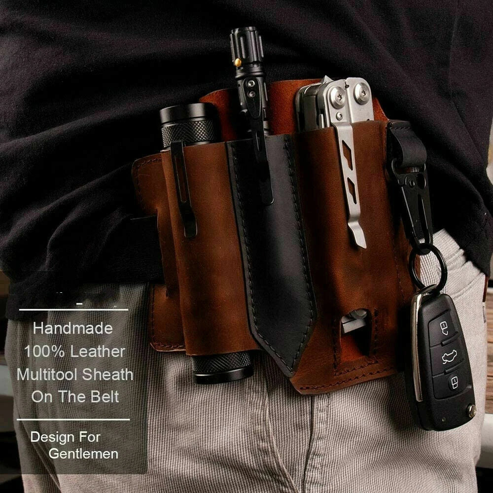 EDC Leather Belt Sheath Organizer for Folded Knives Tactical Flashlights