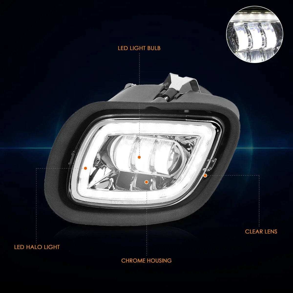 Chrome Housing LED DRL Halo Projector Fog Lights for Freightliner Cascadia (2008–2017)