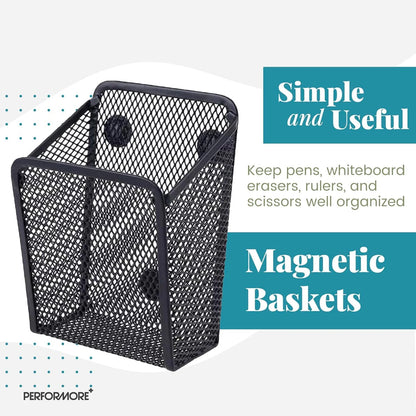 Magnetic Metal Mesh Pen Holder for Office Use (Black Stainless Steel)