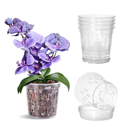 Set of 4 Clear Orchid Pots with Saucers 6 Inch Sturdy Plastic Indoor