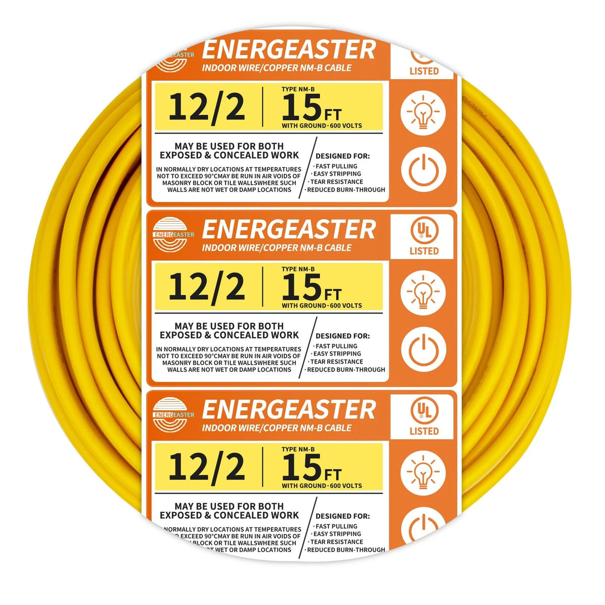 12/2 NM-B Cable for Indoor Use - 15ft Coil, 12 Gauge Wire