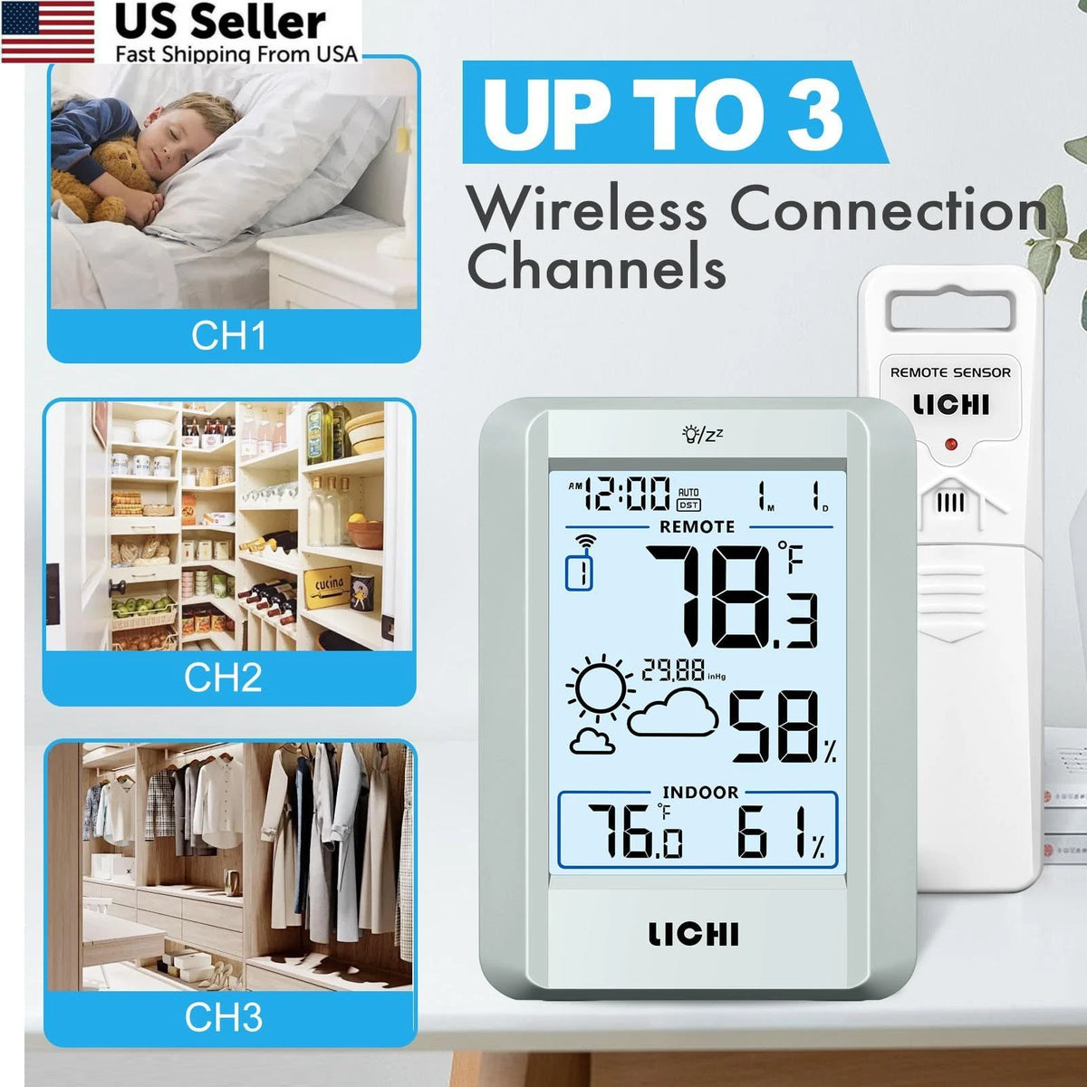 Wireless Indoor Outdoor Thermometer Weather Station - Grey