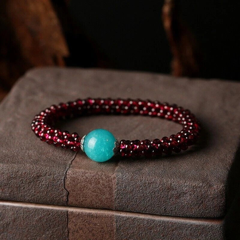 2X Natural Amazonite Garnet Round Beads Bracelet for Unisex