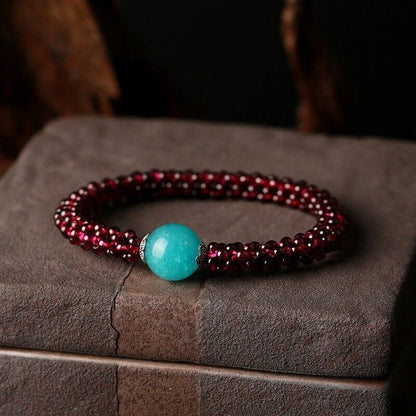 2X Natural Amazonite Garnet Round Beads Bracelet for Unisex