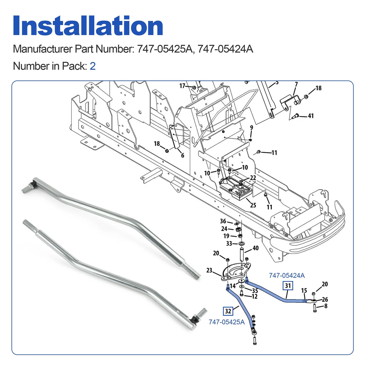 2X Steering Drag Link for Cub Cadet (747-05424A, 747-05425A)
