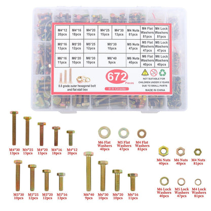 Set of 672 Alloy Steel Bolts and Nuts with Lock Washers Assortment Kit