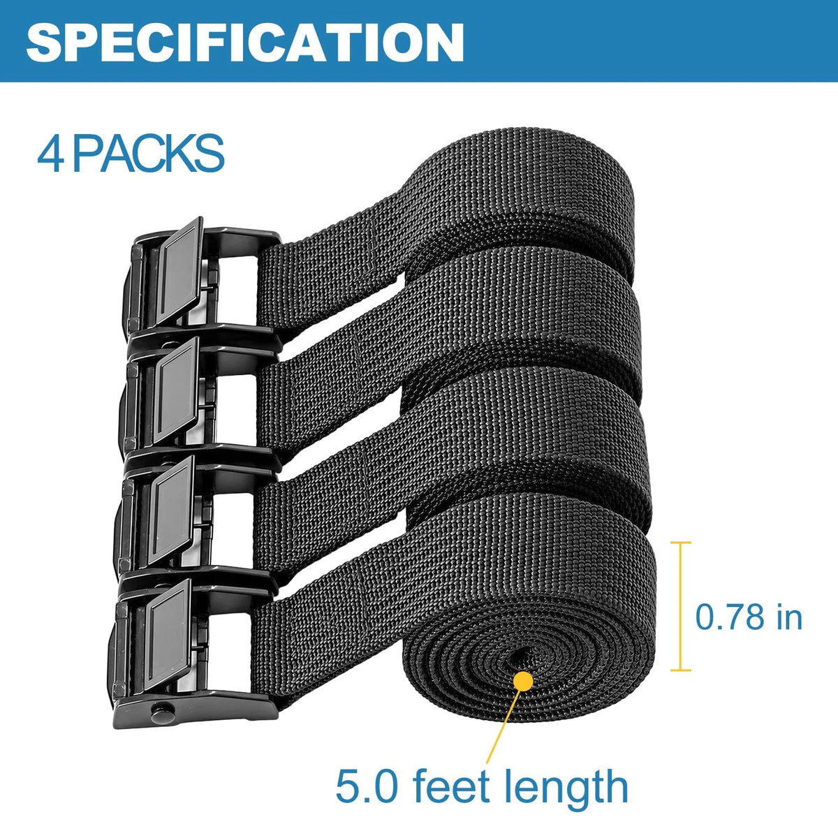 Set of 4 Cam Buckle Straps for Cargo Luggage Trailer Motorcycle (5ft) Black