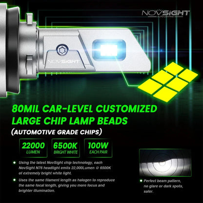 2x H11 H8 H9 LED Headlight Bulbs for NOVSIGHT (22000LM 100W 6500K)