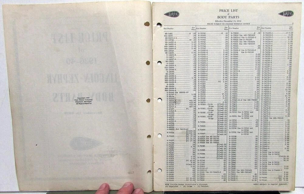 Price List Book for Lincoln Zephyr Sedan Coupe (1936–1940)
