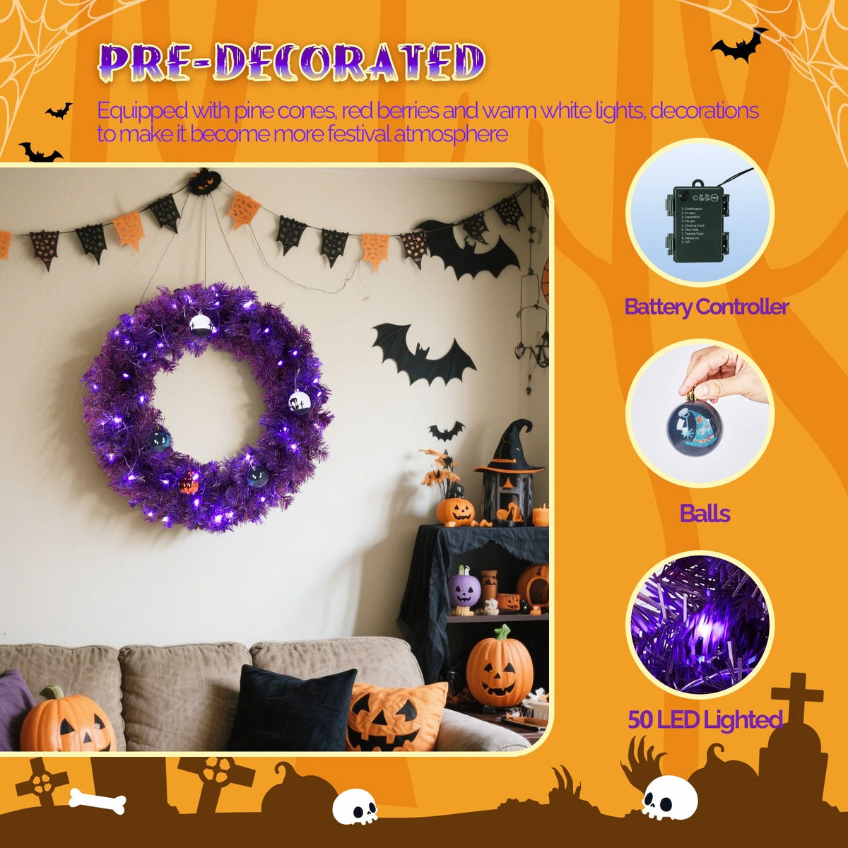 24in Pre-lit Halloween-Themed Wreath for Christmas (No Part Numbers)
