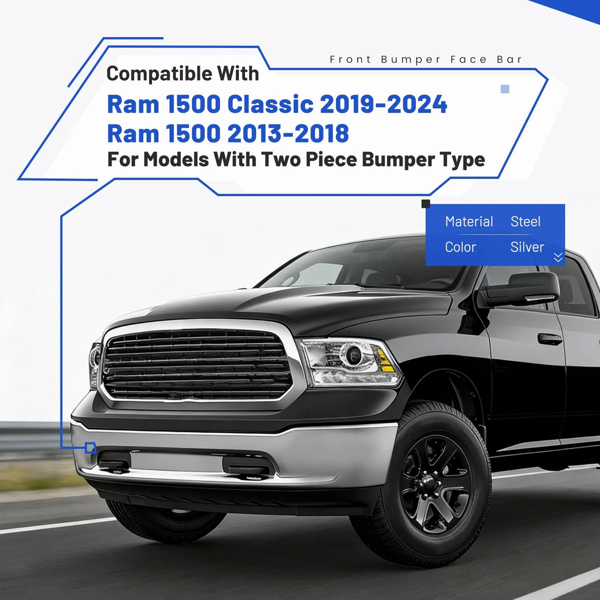 Chrome Front Bumper Face Bar for Ram 1500 (2013–2024) CON-A000000313, 68160855AC