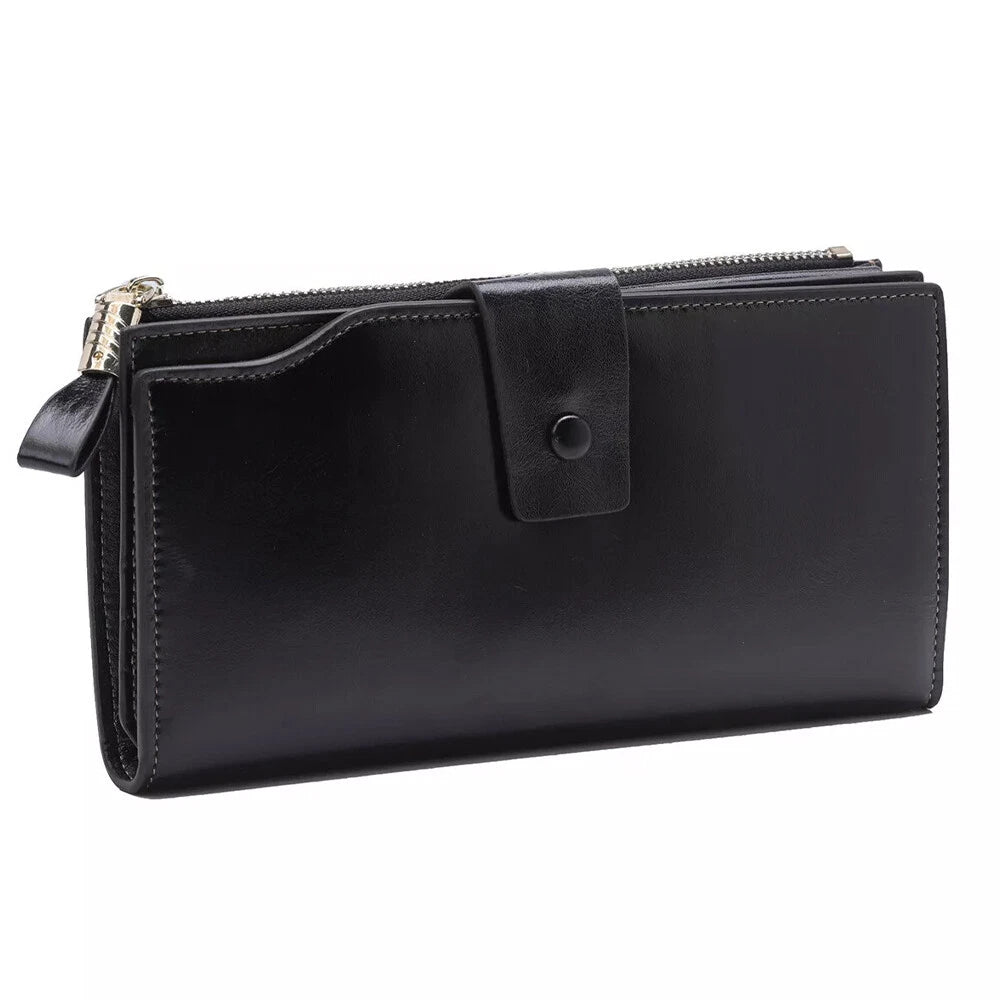 Leather Long Wallet for Women - RFID Blocking, Black