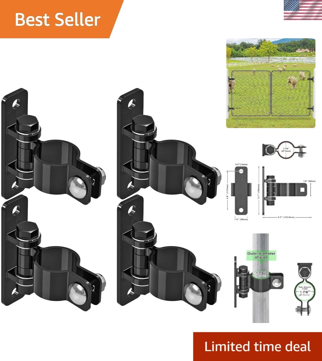 Set of 4 Heavy Duty Rust-Resistant Gate Hinges for Wall Mount (1-7/8'')