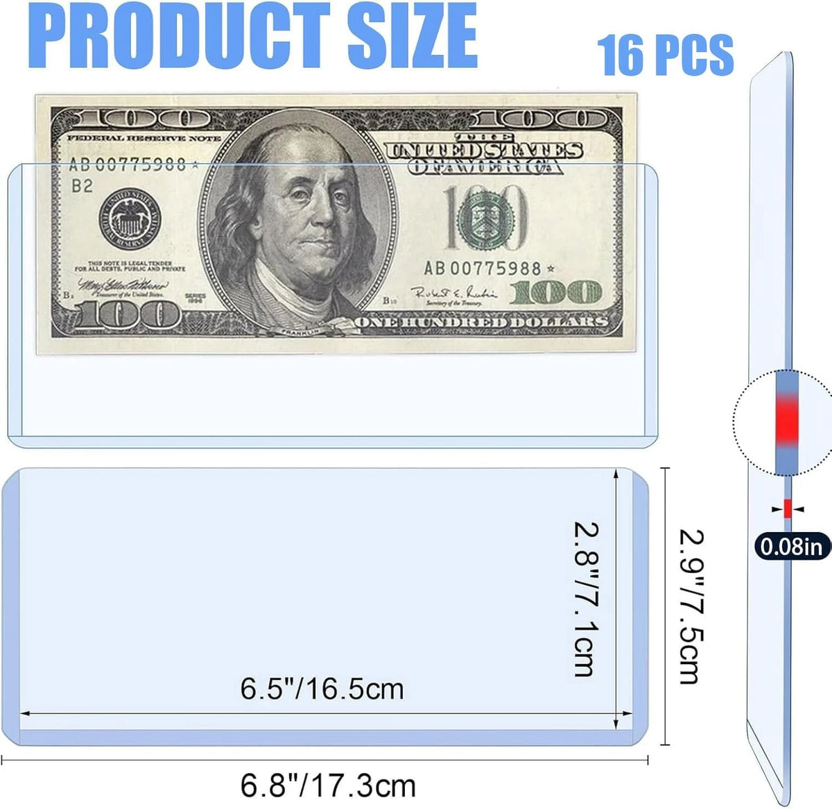 16 Pack Dollar Bill Sleeves for Banknotes (6.8" x 2.9")
