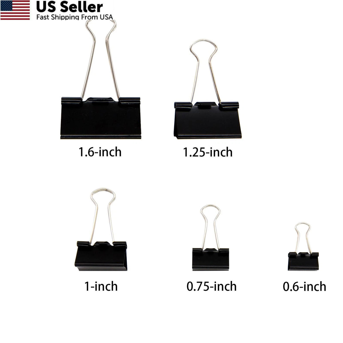 Set of 120 Binder Clips Paper Clamps Assorted Sizes 0.6 to 1.6 inches Black