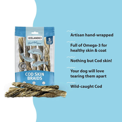 5 Pack Icelandic Cod Skin Braids Dog Treat Chews 5.5-7" Sticks