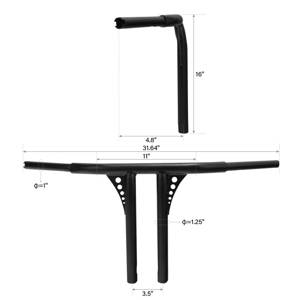 16" Rise 1 1/4" Fat T-Bar Handlebar for Harley Dyna Softail Touring