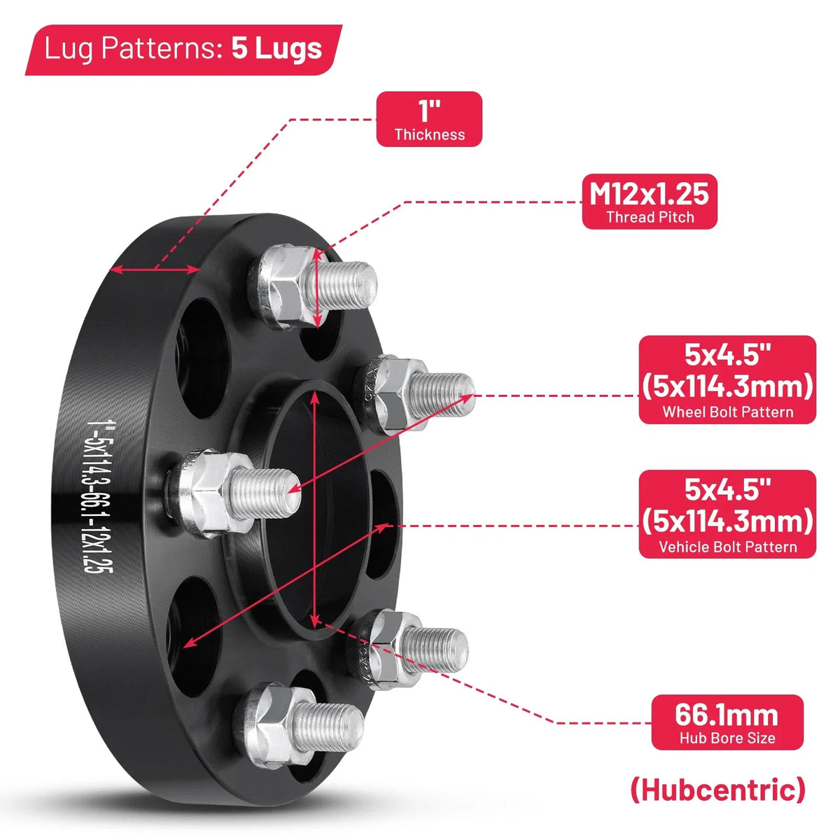 Set of 4 Hubcentric 1" Wheel Spacers 5x4.5 5x114.3 12x1.25 for Nissan Rogue (2016–2024)