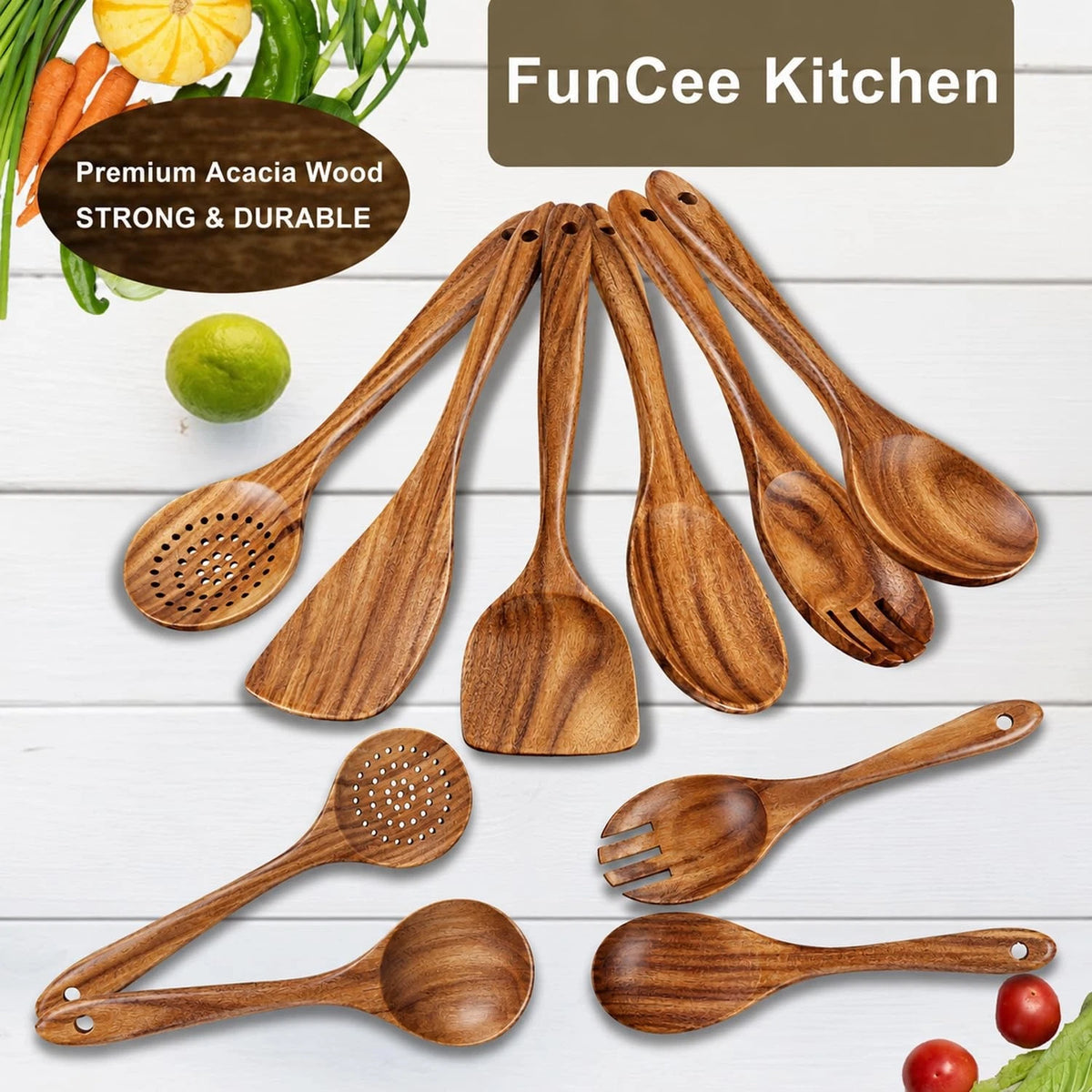 Set of 6 Wooden Cooking Spoons Heat Resistant Non-Stick Utensils