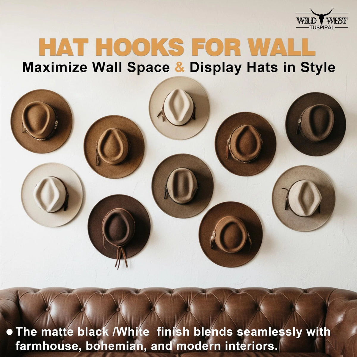 8 Pack Adhesive Hat Hooks for Wall - Cowboy Rack Black