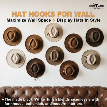 8 Pack Adhesive Hat Hooks for Wall - Cowboy Rack Black