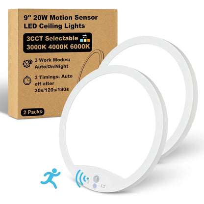 Set of 2 Hard-Wired Motion Sensor Ceiling Lights 9in 20W Flush Mount White