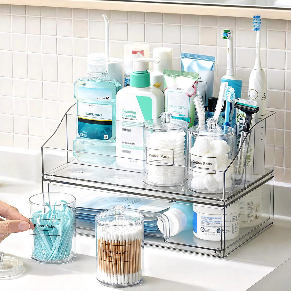 6X Bathroom Countertop Organizer Set with Divided Tray and Qtip Holders