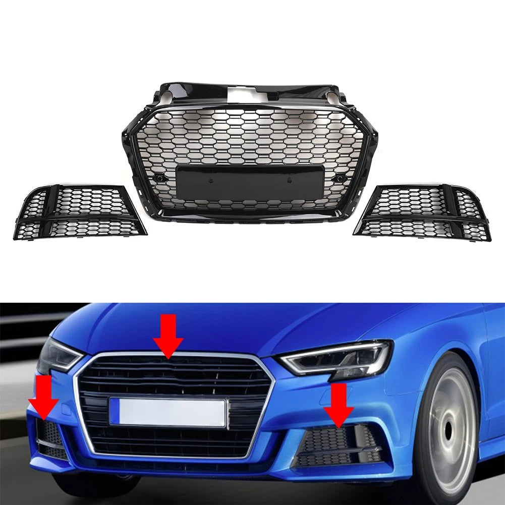 Front Honeycomb Grille with Fog Light Cover for Audi A3 (2016–2019)