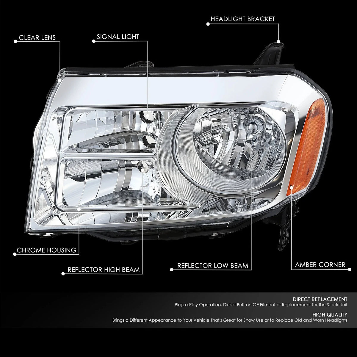 Left Driver Side Headlight Lamp for Honda Pilot (2012–2015) OE Chrome