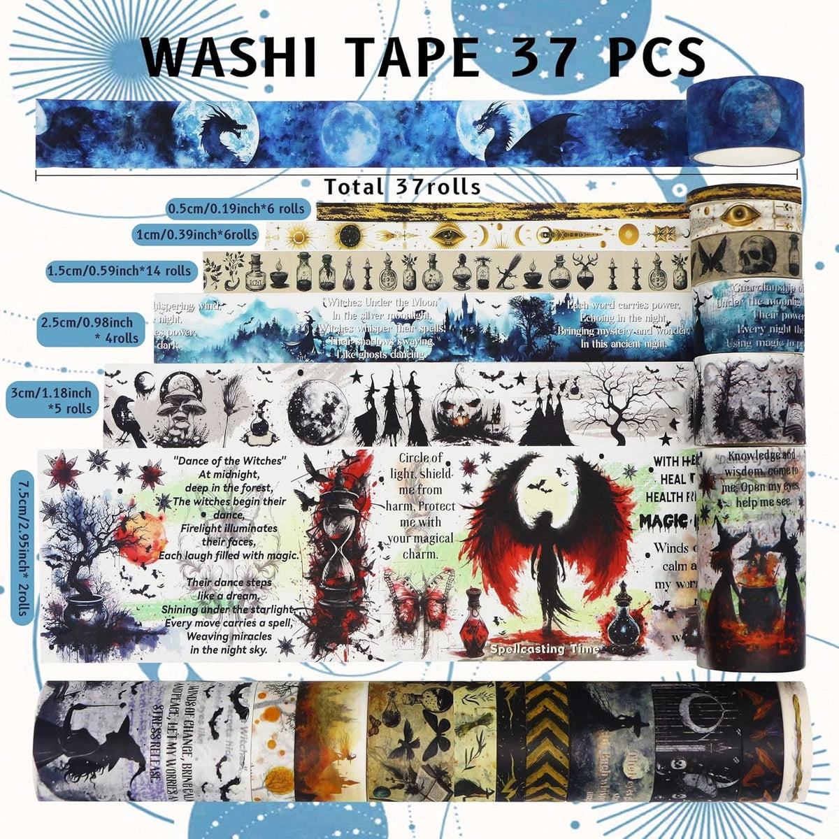 Set of 37 Washi Tape Rolls for Crafting (Witches Black, Red, Orange, Purple, Blue)