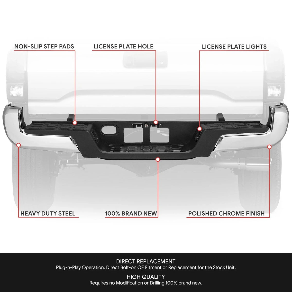Chrome Steel Rear Bumper for Toyota Tacoma (2016–2023)